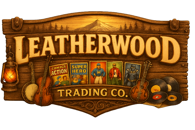 An old Trading Post sign with bluegrass instruments, records, comics, cards and action figures shown.